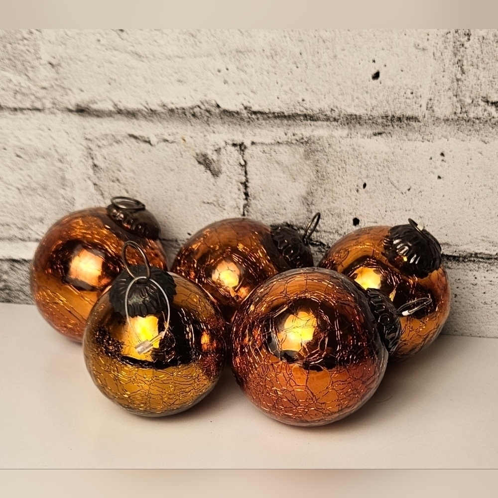 Vintage Amber Crackle Glass Christmas Ornaments Retro Holiday Decor Set of 5